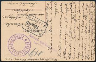 1915 Tábori posta képeslap PÉNZINTÉZETEK HADIKÓRHÁZA + BUDAPEST postaügynökségi bélyegzés