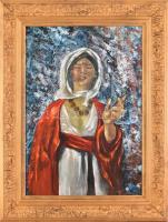Feka Lajos (1953-2011): Női szent szellem (cím nélkül). Olaj, farost. Jelzett. 68x48 cm. Dekoratív, kissé sérült fakeretben.