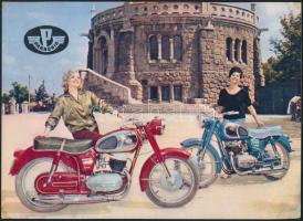 1962 Pannonia 250 m3 T6-T7 luxus motorkerékpár reklámszórólapja, hátoldalon műszaki adatokkal, sarkain ragasztónyomokkal