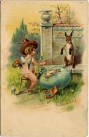 Boldog húsvéti ünnepeket / Easter greeting art postcard, rabbit, egg painting, litho (Rb)
