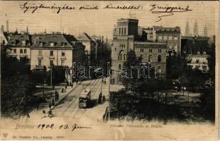 1902 Wroclaw, Breslau; Ohlauer Thorwache m. Brücke / street view, trams, bridge (crease)