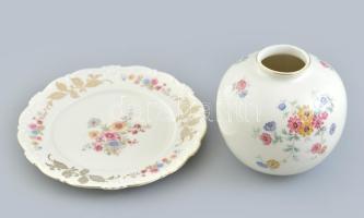 Schimding váza és tányér, jelzett, matricás porcelán, m: 12cm, d: 19 cm
