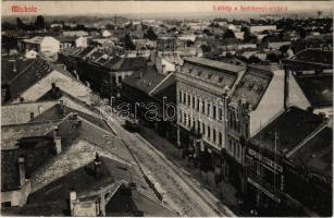 1910 Miskolc, Széchenyi utca, Neumann M., Szántó, Garai József, Benedek Adolf és Társa üzlete, villamos. Grünwald Ignác kiadása