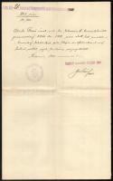 1906 Saját kérelmére szolgálaton kívüli viszonyba való helyezési okmány Ákontz Rezső kolozsvári tart...