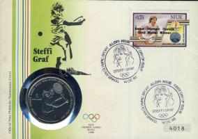 Niue 1987. 5$ "Steffi Graf" bélyeges érmés borítékon elsőnapi bélyegzővel, hátoldali ismertetővel T:BU
