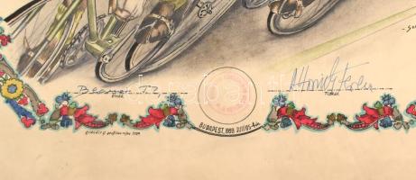 1959 Kézzel rajzolt kerékpáros verseny oklevél budapesti a 4000 méteres üldözőverseny főiskolai csap...