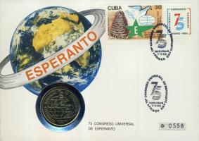 Kuba 1990. 1P "Eszperantó Világkongresszus" érmés borítékon egy kubai és egy eszperantó bélyeggel, elsőnapi bélyegzővel, hátoldali ismertető tanúsítvánnyal T:1 Csak 1500 db!