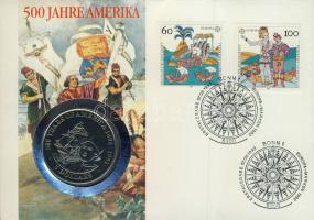 Cook-szigetek 1992. 5$ "500 éve fedezték fel Amerikát" érmés borítékon 2 db német bélyeggel, elsőnapi bélyegzővel, hátoldali ismertetővel T:1