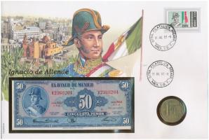 Mexikó "Ignacio de Allende" érmés és bankjegyes felbélyegzett boríték bélyegzéssel, benne 1985. 200P Cu-Ni "A függetlenség 175. évfordulója" + 1963. 50P T:1-,III szép papír Mexico "Ignacio de Allende" coin and banknote envelope with stamp and cancellation, in it 1985. 200 Pesos Cu-Ni "175th Anniversary of Independence" + 1963. 50 Pesos C:AU, F fine paper