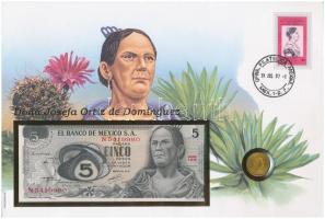 Mexikó "Josefa Ortiz de Dominguez" érmés és bankjegyes felbélyegzett boríték bélyegzéssel, benne 1982. 5c sárgaréz + 1972. 5P T:1 patina, III szép papír Mexico "Josefa Ortiz de Dominguez" coin and banknote envelope with stamp and cancellation, in it 1982. 5 Centavos brass + 1972. 5 Pesos C:UNC patina, F fine paper