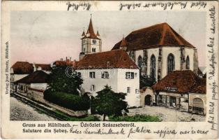 1905 Szászsebes, Mühlbach, Sebesul Sasesc, Sebes; Evangélikus templom, Josef Hientz üzlete és saját kiadása / Lutheran church, publishers shop (EK)