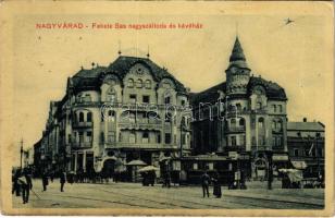 1913 Nagyvárad, Oradea; Fekete Sas nagyszálloda és kávéház, villamos, üzletek / hotel and café, tram, shops (EK)