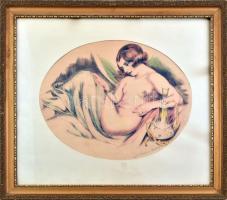 Merényi Rudolf (1893-1957): Ülő női akt. Színezett rézkarc, papír, jelzett, üvegezett fakeretben, 22,5×42 cm