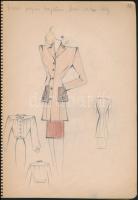 cca 1945-1946 Divatrajzokkal illusztrált jegyzetfüzet, részben kiszínezett rajzokkal, 62+1 p