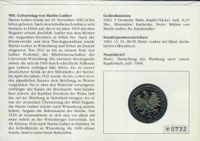 NSZK 1983. 5M "Luther" érmés, bélyeges borítékon hátoldali ismertető tanúsítvánnyal T:1 Cs...