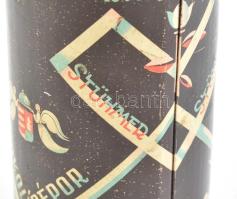 cca 1930 Stühmer Frigyes Rt. csokoládépor fém doboz art deco mintával, kopásnyomokkal, m: 20,5 cm