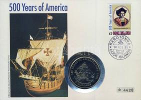 Cook-szigetek 1992. 5$ "500 éve bélyeges fedezték fel Amerikát" érmés borítékon elsőnapi bélyegzővel, hátoldali ismertetővel T:1