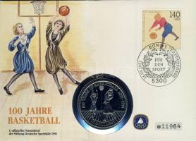 Niue 1991. 5$ "100 éves a kosárlabda" érmés, bélyeges borítékon elsőnapi bélyegzővel, hátoldali ismertetővel T:BU