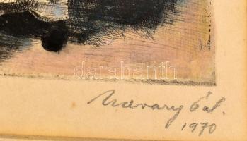 Udvary Pál (1900-1987): Kapuváriak. Színezett rézkarc, papír, jelzett, üvegezett fakeretben, 35×21,5...