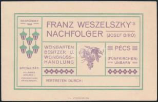 cca 1910 Pécs, Weszelszky Ferenc utóda (Biró József) szőlőbirtokos, bornagykereskedő német nyelvű reklámlapja, jó állapotban, 14x9 cm