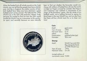 Cook-szigetek 1992. 10$ "Futball VB" Ag 31.5g érmés, bélyeges borítékon alkalmi bélyegzőve...