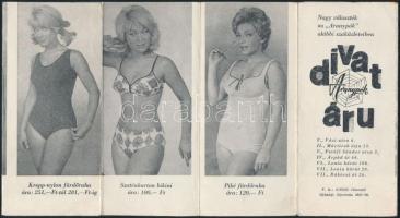 cca 1970 Aranypók divatáru, retró női fürdőruhákat bemutató, kihajtható reklámlap, 11 db fotóval
