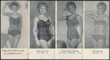 cca 1970 Aranypók divatáru, retró női fürdőruhákat bemutató, kihajtható reklámlap, 11 db fotóval