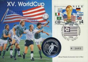 Niue 1991. 5$ "Labdarúgó VB" bélyeges érmés borítékon alkalmi bélyegzővel, hátoldali ismertető tanúsítvánnyal T:PP Csak 9000 db!