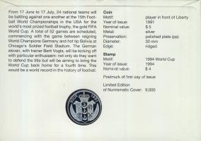 Niue 1991. 5$ "Labdarúgó VB" bélyeges érmés borítékon alkalmi bélyegzővel, hátoldali ismer...