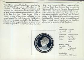 Gambia 1994. 20D Ag "Labdarúgó VB" bélyeges érmés borítékon alkalmi bélyegzővel, hátoldali...