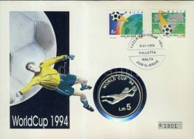 Málta 1993. 5L Ag "Labdarúgó VB" bélyeges érmés borítékon hátoldali ismertető tanúsítvánnyal T:PP Csak 9000 db!