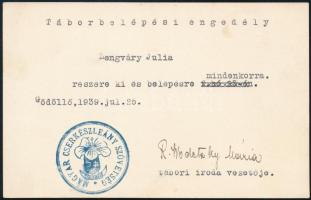 1939 Gödöllő, Magyar Cserkészlány Szövetség táborbelépési engedély