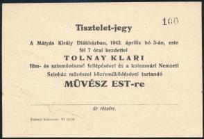 1943 Tolnay Klári művész est tiszteletjegy Kolozsvár