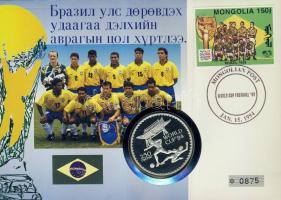 Mongólia 1994. 250T Ag "Labdarúgó VB" bélyeges érmés borítékon alkalmi bélyegzővel, hátoldali ismertető tanúsítvánnyal T:PP Csak 9500 db!