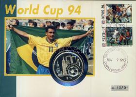 Kelet-Karibi Államok 1994. 10$ Ag "Labdarúgó VB" bélyeges érmés borítékon két db nevisi bélyeggel, elsőnapi bélyegzővel, hátoldali ismertető tanúsítvánnyal T:PP Csak 9500 db!