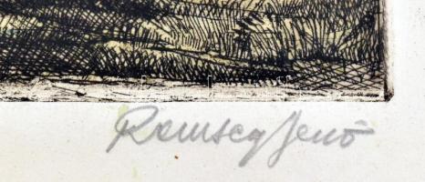 Remsey Jenő (1885-1970): Szentendrei táj. Színezett rézkarc, papír. Jelzett. Lap széle kissé foltos....