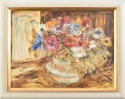 Alice Schuster (A düreni művésztelep tagja): Virágcsendélet 1983. Olaj, kasírozott vászon. Keretben. 30x40cm