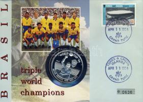 Turks & Caicos 1993. 20C Ag "Labdarúgó VB-Brazília" bélyeges érmés borítékon alkalmi bélyegzővel, hátoldali ismertető tanúsítvánnyal T:PP