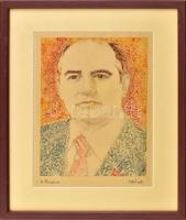 Olvashatatlan jelzéssel: A főember (Gorbacsov portréja), 1991. Filctoll, ceruza, papír, üvegezett fakeretben, hátoldalán Gutmann Galéria címkéjén feliratozott, 21,5×16 cm