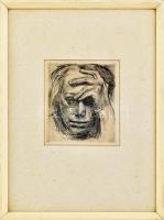 Käthe Kollwitz (1867-1945): Önarckép. Rézkarc, papír, jelzés nélkül. Üvegezett fakeretben. 15×14 cm / Käthe Kollwitz (1867-1945): Self portrait. Etching on paper, unsigned. Framed. 15×14 cm