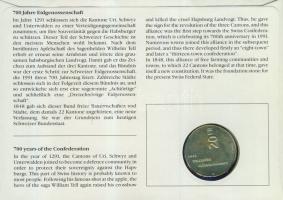 Svájc 1991. 20Fr Ag "700 éves a konföderáció" érmés borítékon bélyeg négyestömbbel, alkalm...