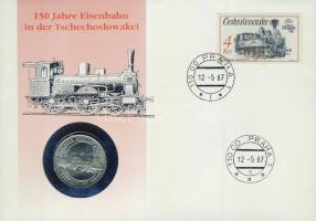 Csehszlovákia 1989. 50K Ag "150 éves a vasút" érmés, bélyeges borítékon hátoldali ismertetővel T:1