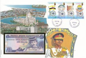 Brunei Szultánus 1991. 1R felbélyegzett borítékban, bélyegzéssel T:I  Brunei Darussalam 1991. 1 Ringgit in envelope with stamp and cancellation C:UNC