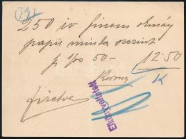 Seefehlner J.L. papír, rajz- és festőszer üzletének reklámkártyájára írt számla