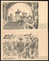1933 Cserkészillusztrációk budapesti látképekkel, 4 nyomtatott lap, kétoldali tartalommal