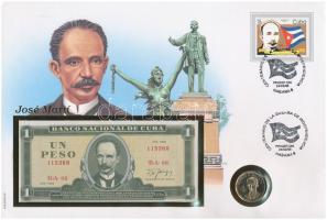 Kuba José Martí érmés és bankjegyes felbélyegzett boríték bélyegzéssel, benne 1992. 1P + 1988. 1P T:1,I- Cuba José Martí coin and banknote envelope with stamp and cancellation, in it 1992. 1 Peso + 1988. 1 Peso C:UNC,AU