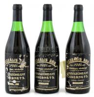 1981 Hosszúhegyi Cabernet S[auvignon], 3 palack muzeális bor, hajós-bajai borvidék, szakszerűen tárolt bontatlan palack vörösbor, kopott, sérült címkékkel. 0,75lx3