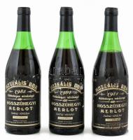 1981-1984-1985 Hosszúhegyi Merlot válogatás, 3 palack, muzeális bor, hajós-bajai borvidék, pincében, szakszerűen tárolt bontatlan palack vörösbor, kopott, sérült címkékkel, 0,75lx3