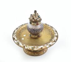 Asztali bronz és üveg antik tintatartó, zománcozott díszítéssel, kopott. d: 13 cm
