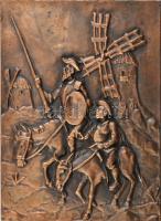 V jelzéssel: Don Quijote a szélmalommal. Bronzírozott fém dombormű, falikép. 25x18 cm / Don Quixote with the windmill. Bronze-coated metal relief. Signed V.